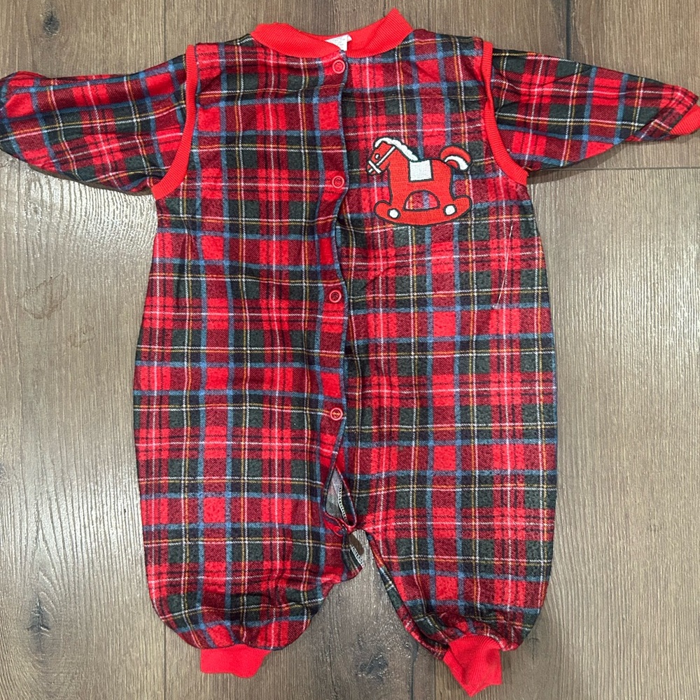 Vintage Plaid Baby Onesie with Rocking Horse Patch